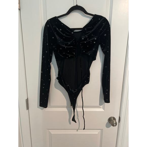 Wild Fable Velvet Stars & Moons Long Sleeve Keyhole Open Back Bodysuit Black S - Picture 9 of 9